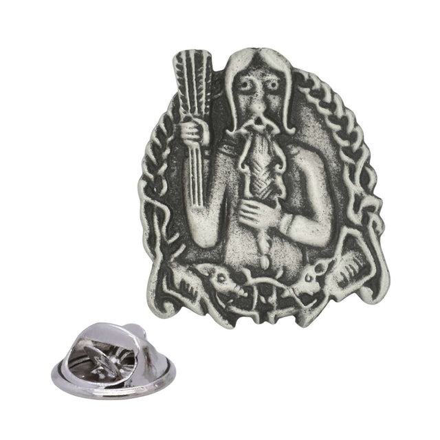 Freyr Norse god Viking-themed antique silver pewter lapel pin with knotwork and butterfly clasp