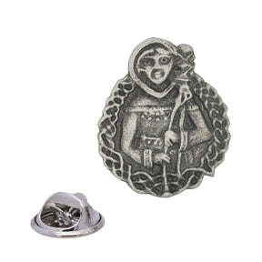 Frigga Norse goddess antique silver pewter lapel pin with decorative Celtic-style knotwork and butterfly clasp