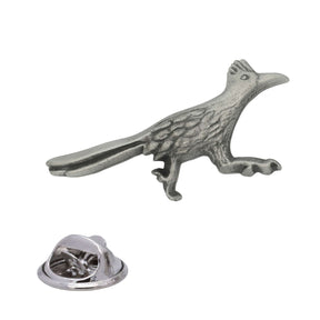Roadrunner bird pewter lapel pin with long tail, crest and butterfly clasp