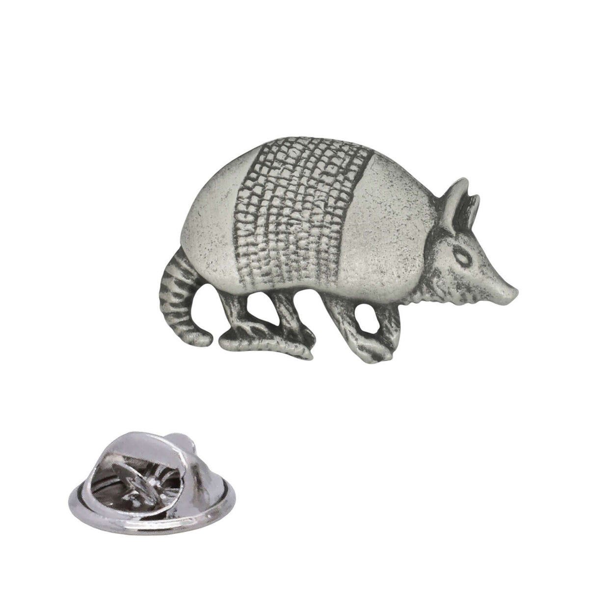 Armadillo antique silver pewter lapel pin badge with detailed armoured shell and butterfly clasp
