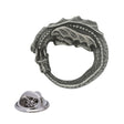 Coiled winged dragon pewter lapel pin badge with intricate scales and butterfly clasp