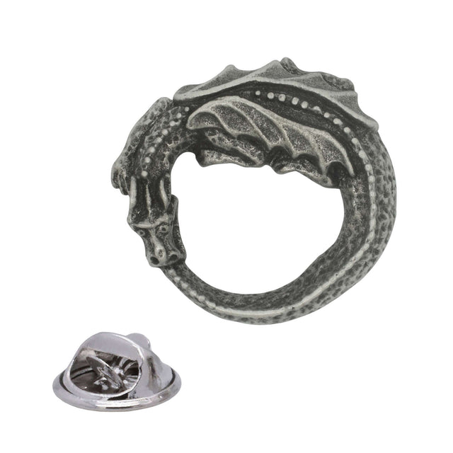 Coiled winged dragon pewter lapel pin badge with intricate scales and butterfly clasp