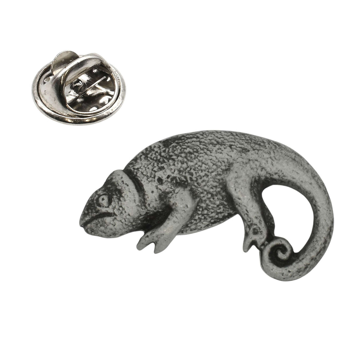 Chameleon with textured scales and curled tail antique silver pewter lapel pin with butterfly clasp