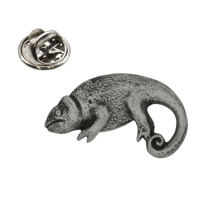Chameleon with textured scales and curled tail antique silver pewter lapel pin with butterfly clasp