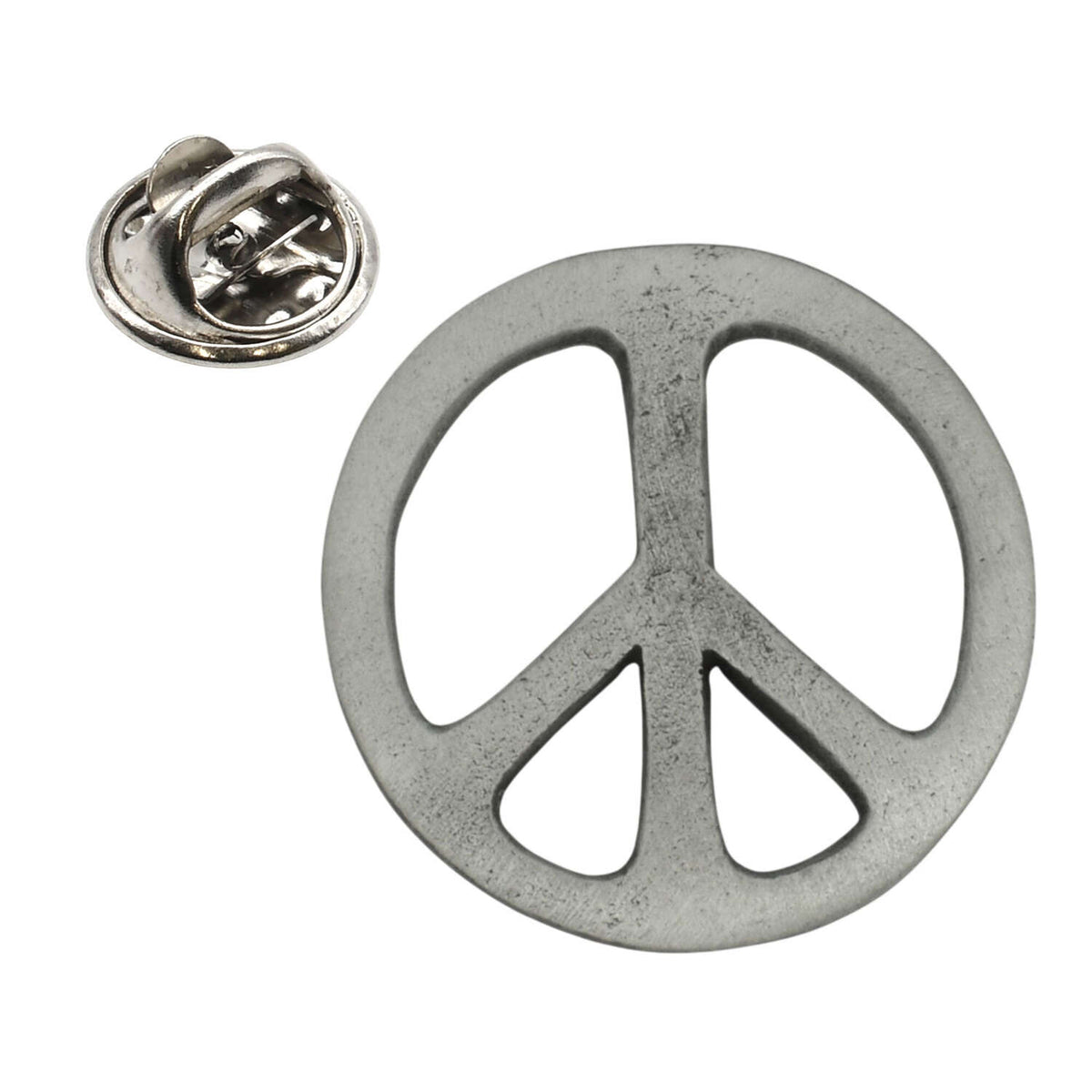 CND peace sign openwork pewter lapel badge in antique silver finish with butterfly clasp