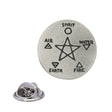 Five elements pentagram pewter lapel pin with labelled spirit air water earth and fire symbols and butterfly clasp