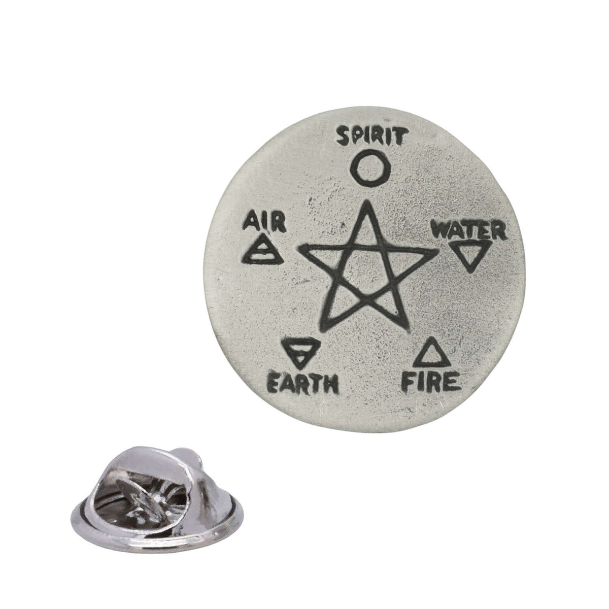 Five elements pentagram pewter lapel pin with labelled spirit air water earth and fire symbols and butterfly clasp