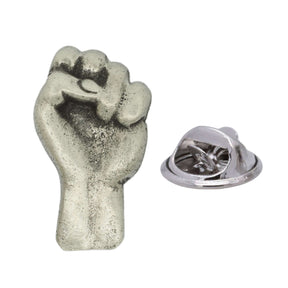 Raised clenched fist antique silver pewter lapel pin badge with butterfly fastening