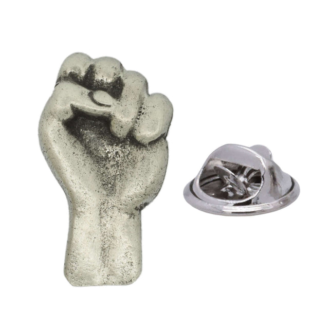 Raised clenched fist antique silver pewter lapel pin badge with butterfly fastening