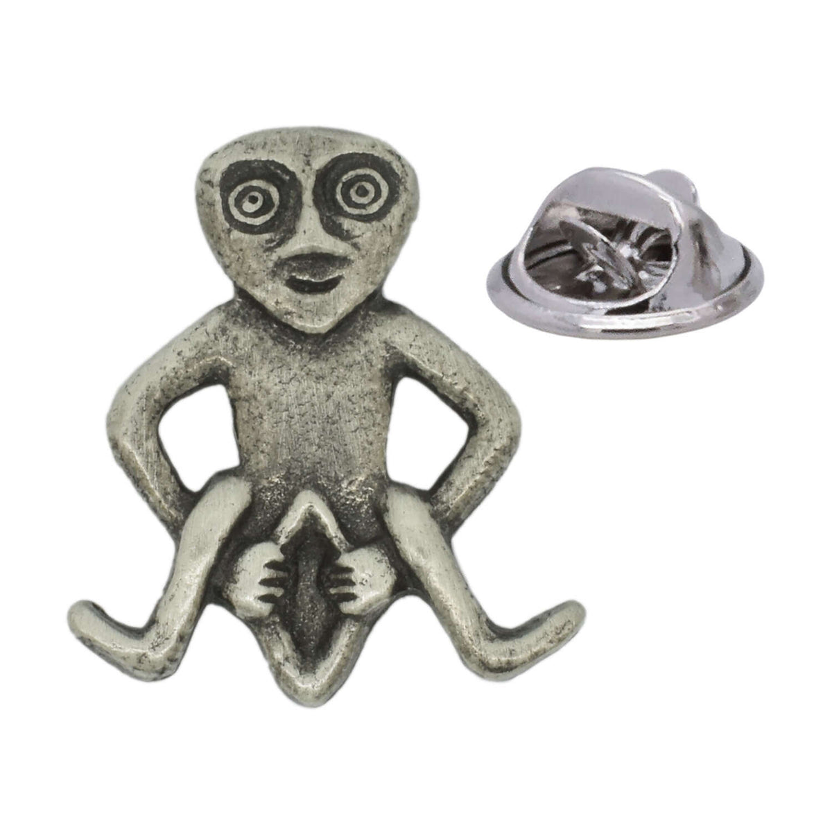 Sheela-na-Gig medieval folklore figure antique silver pewter lapel pin with butterfly clasp