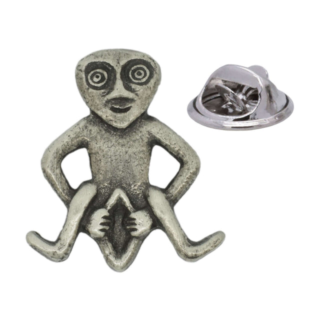 Sheela-na-Gig medieval folklore figure antique silver pewter lapel pin with butterfly clasp