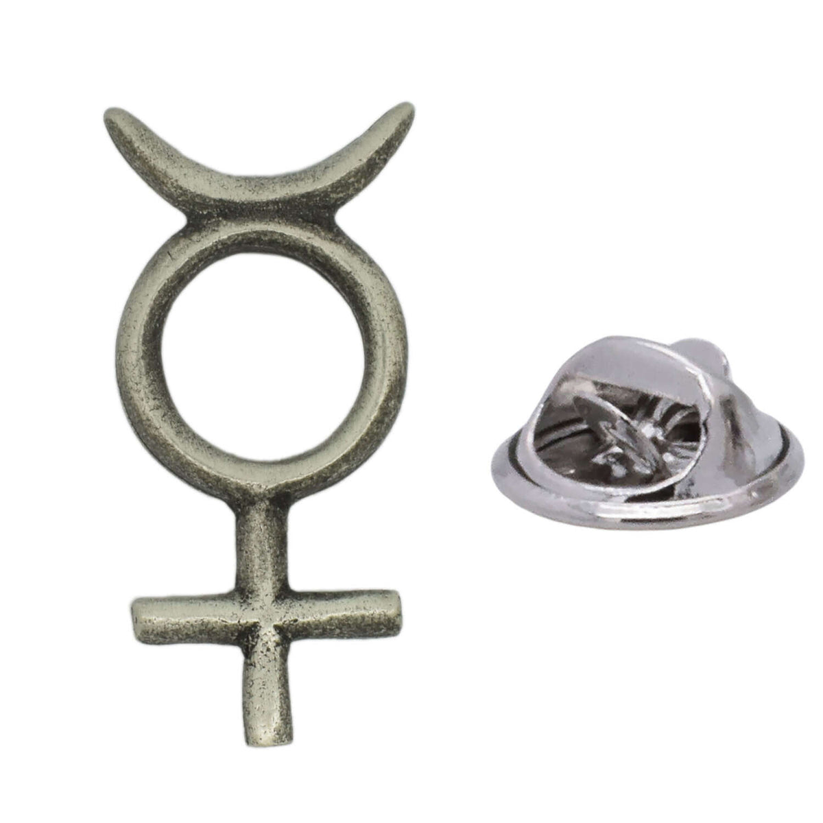 Mercury glyph crescent circle and cross antique silver pewter lapel pin with butterfly clasp