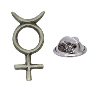 Mercury glyph crescent circle and cross antique silver pewter lapel pin with butterfly clasp