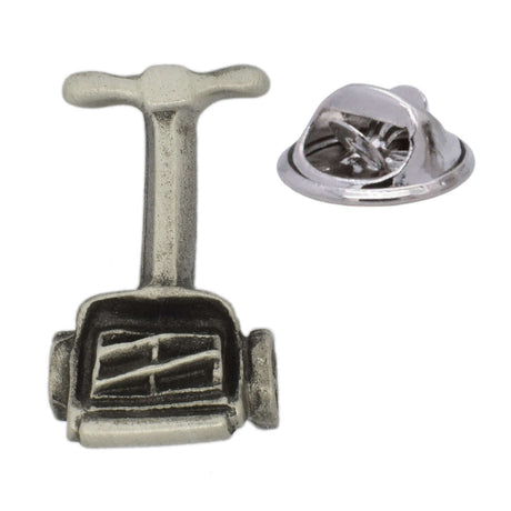 Vintage manual push lawn mower antique silver pewter lapel pin badge with butterfly clasp