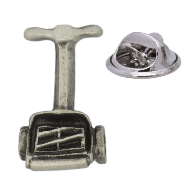 Vintage manual push lawn mower antique silver pewter lapel pin badge with butterfly clasp