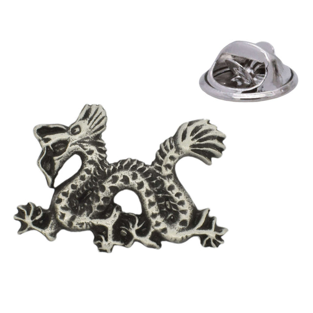 Chinese dragon pewter lapel pin with textured scales, claws and silver butterfly clasp