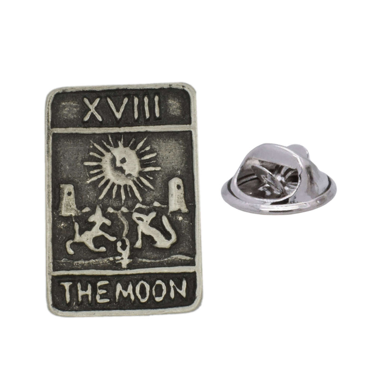 The Moon XVIII tarot card antique silver pewter lapel pin badge with butterfly clasp