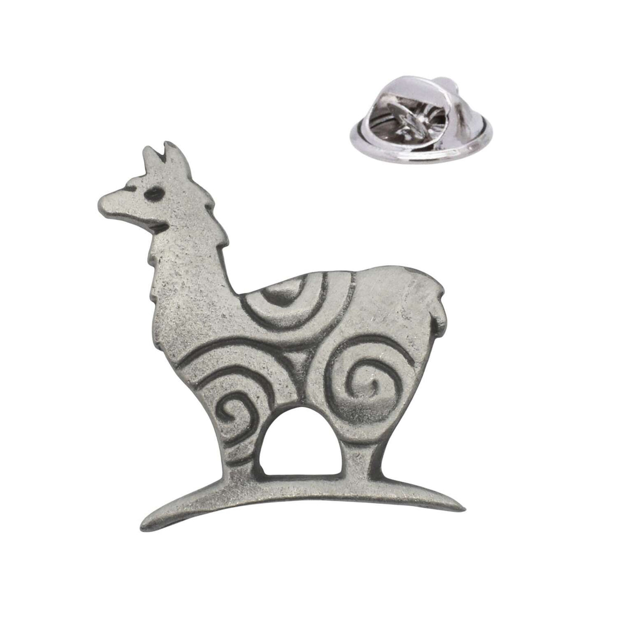 Stylised llama animal pewter lapel pin with spiral detailing and butterfly clasp