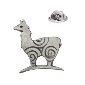 Stylised llama animal pewter lapel pin with spiral detailing and butterfly clasp