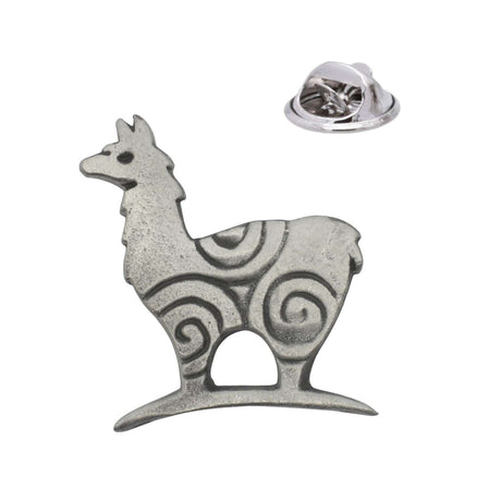 Stylised llama animal pewter lapel pin with spiral detailing and butterfly clasp