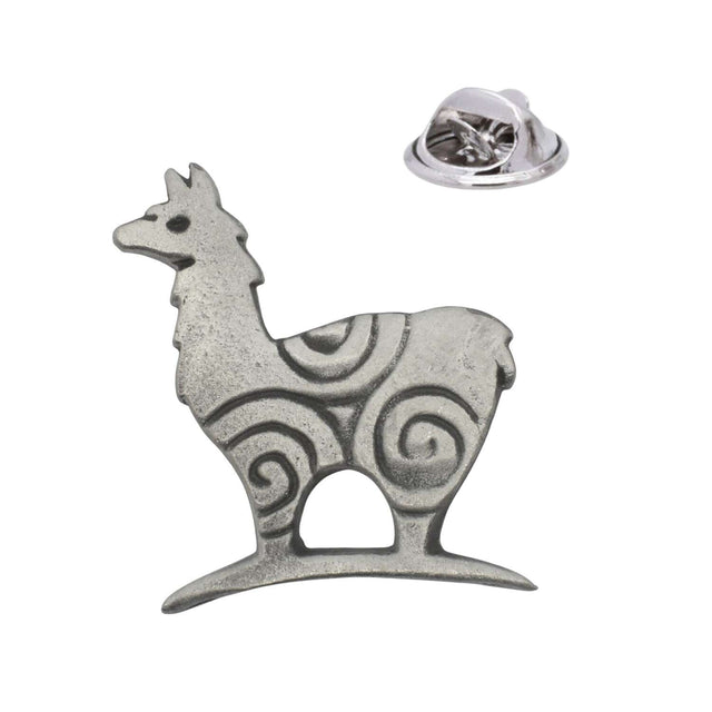 Stylised llama animal pewter lapel pin with spiral detailing and butterfly clasp