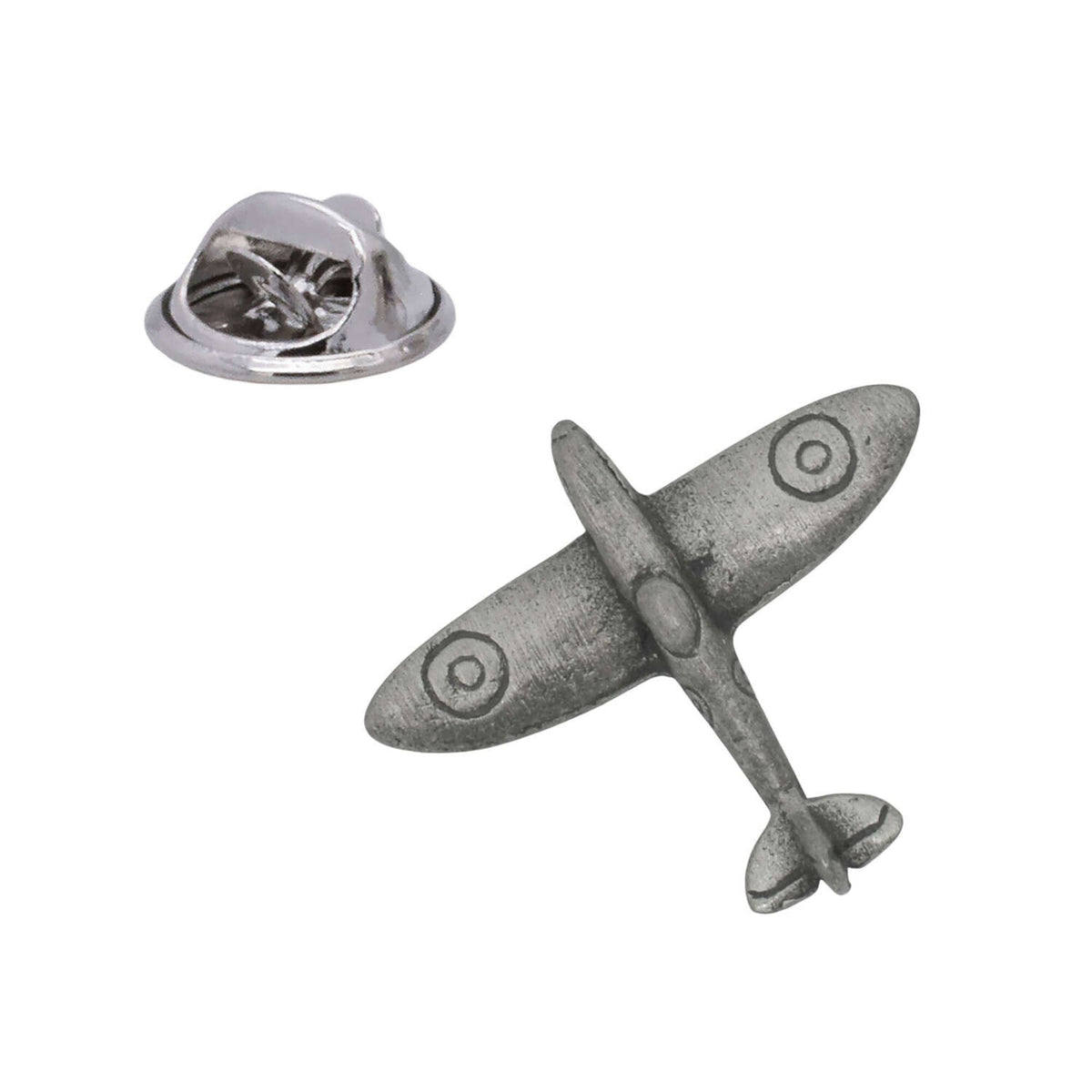 Spitfire fighter plane pewter lapel pin badge viewed from above with RAF roundels and butterfly clasp