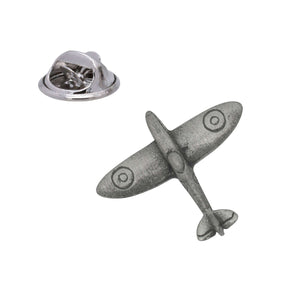 Spitfire fighter plane pewter lapel pin badge viewed from above with RAF roundels and butterfly clasp