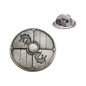 Norse dragon Viking shield pewter lapel pin with two dragon motifs and butterfly clasp