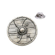 Wooden-style Viking shield pewter lapel pin with central boss, plank detail, riveted rim and butterfly clasp