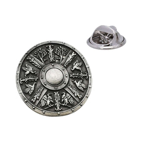 Greek Aspis shield pewter lapel pin badge with central boss, birds and decorative foliage plus butterfly clasp