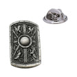 Roman scutum shield pewter lapel pin badge with central boss, bird designs and butterfly clasp