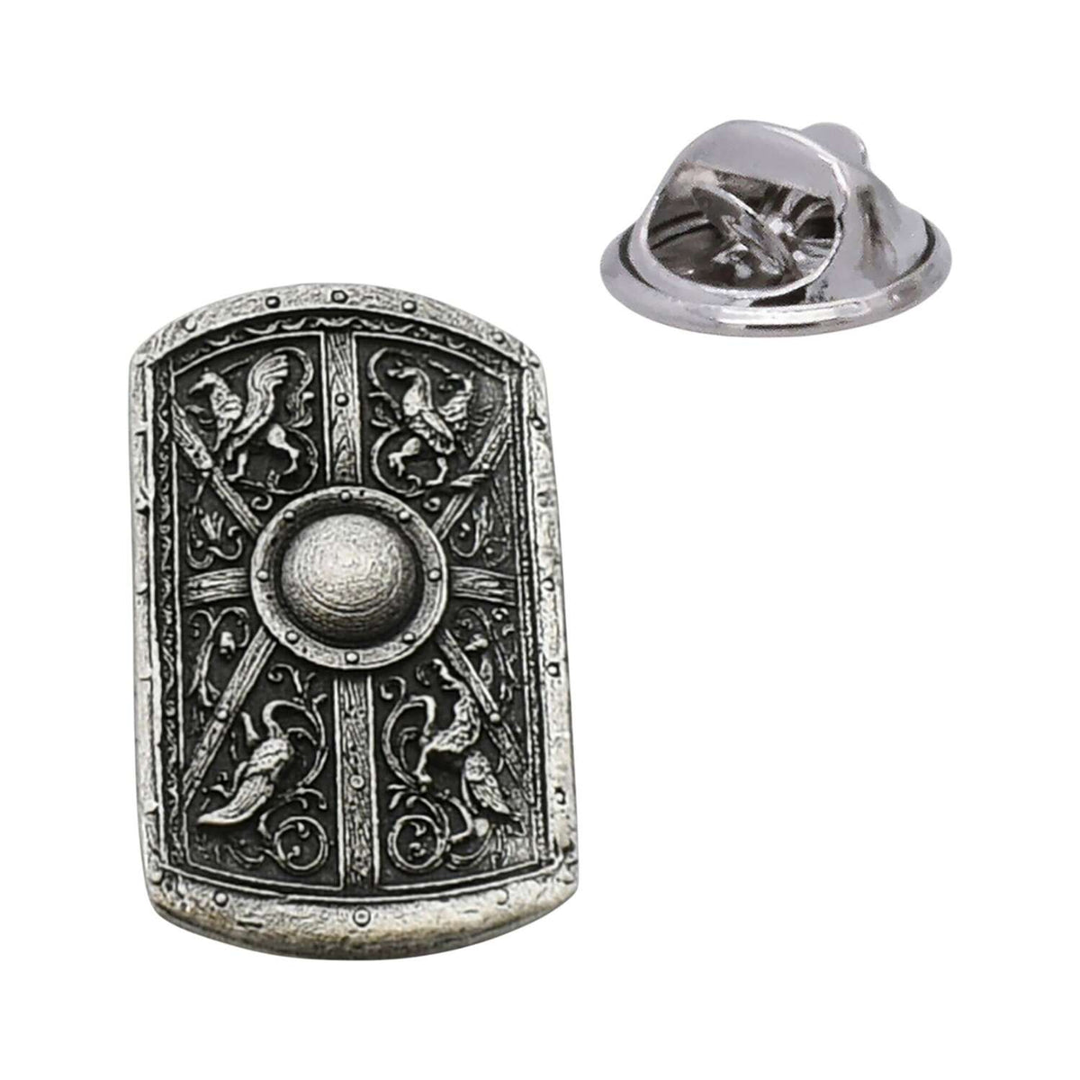Roman scutum shield pewter lapel pin badge with central boss, bird designs and butterfly clasp