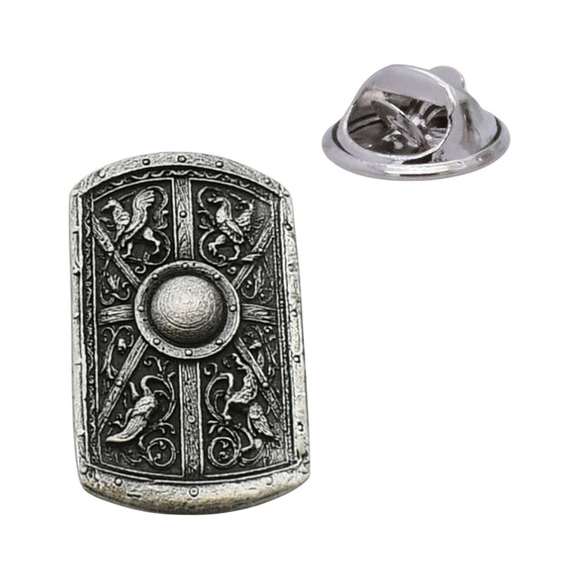 Roman scutum shield pewter lapel pin badge with central boss, bird designs and butterfly clasp
