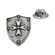 Crusader shield with flared cross and fleur-de-lis antique silver pewter lapel pin with butterfly clasp
