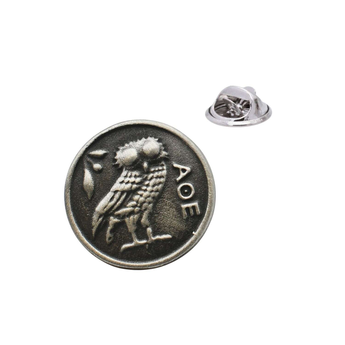 Wise Greek Owl of Athena coin-inspired antique silver pewter lapel pin with butterfly clasp