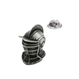 Medieval knight helmet antique silver pewter lapel pin badge with barred visor and butterfly clasp