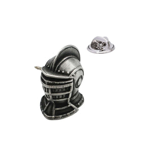 Medieval knight helmet antique silver pewter lapel pin badge with barred visor and butterfly clasp