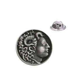 Alexander the Great classical profile coin-style antique silver pewter lapel pin badge with butterfly clasp