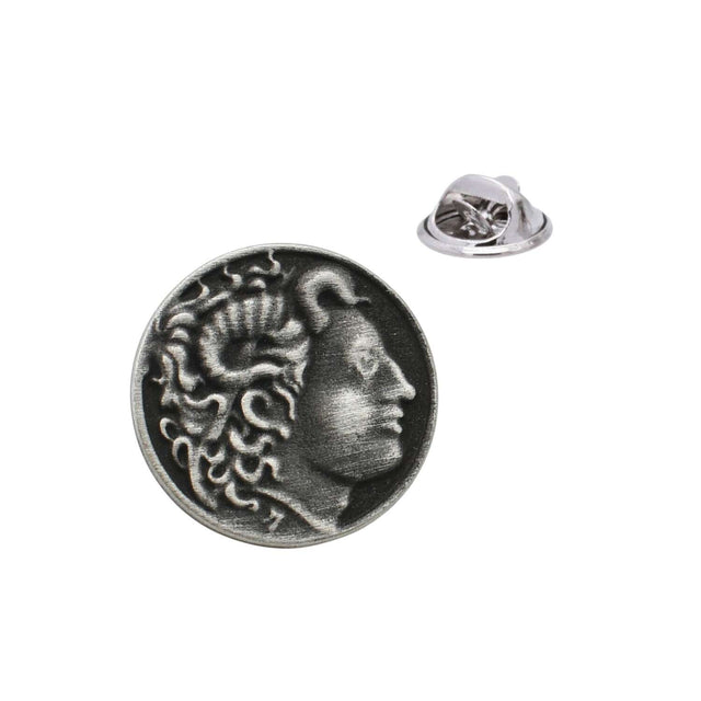 Alexander the Great classical profile coin-style antique silver pewter lapel pin badge with butterfly clasp