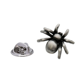 Three-dimensional spider pewter lapel pin with eight legs, rounded body and butterfly clasp