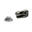 T-Rex dinosaur skull antique silver pewter lapel pin with open jaws, teeth and butterfly clasp