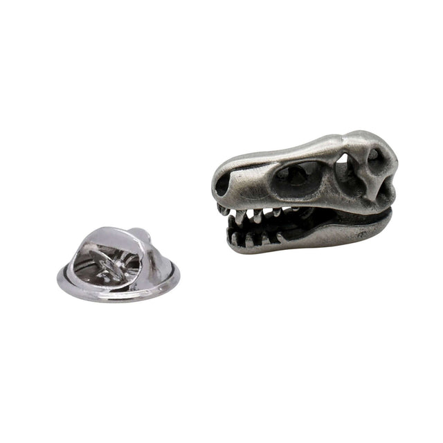 T-Rex dinosaur skull antique silver pewter lapel pin with open jaws, teeth and butterfly clasp
