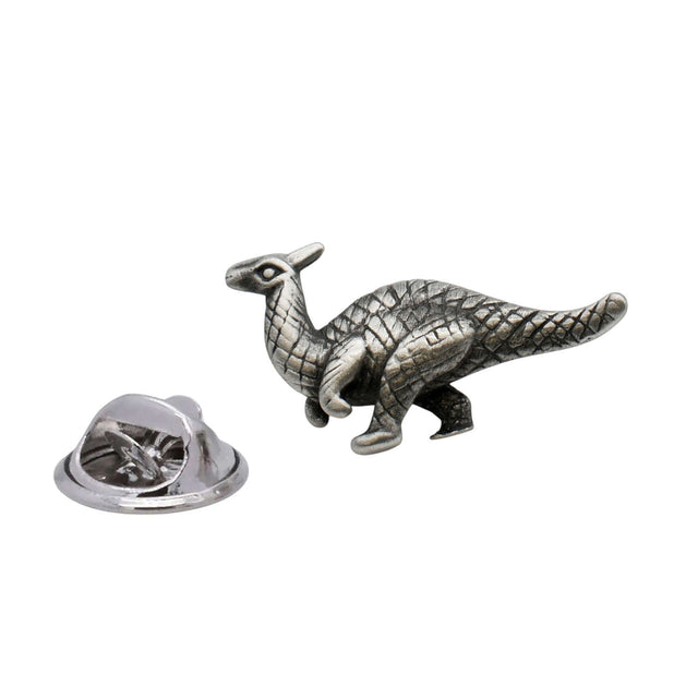 Parasaurolophus dinosaur pewter lapel pin with long crest, textured body and butterfly clasp