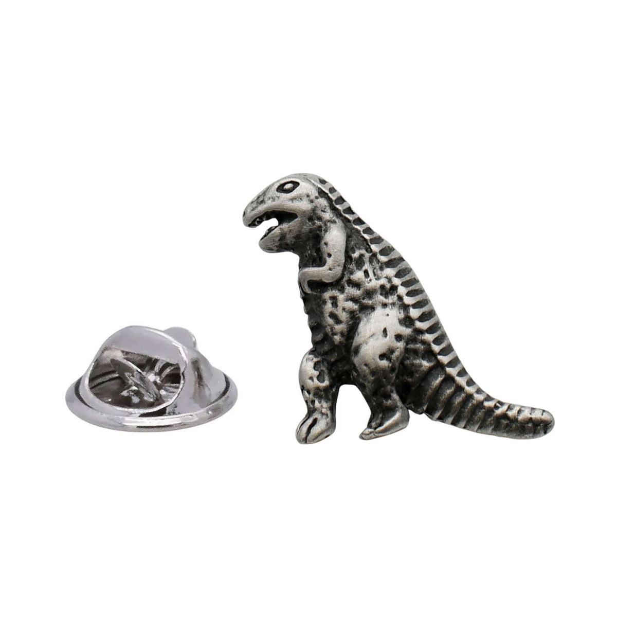 Full body Tyrannosaurus rex pewter lapel pin badge with scaly skin, long tail and butterfly clasp
