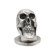 English-made pewter human skull ornament with sculpted teeth and eye sockets front view XDHORN0511