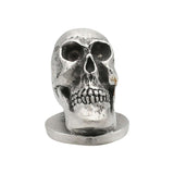 English-made pewter human skull ornament with sculpted teeth and eye sockets front view XDHORN0511
