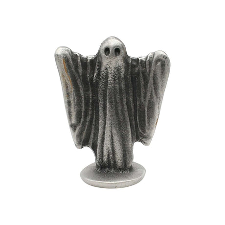 English-made pewter ghost ornament with eye openings, raised flowing arms and circular base front view XDHORN0541