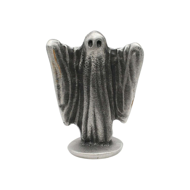 English-made pewter ghost ornament with eye openings, raised flowing arms and circular base front view XDHORN0541