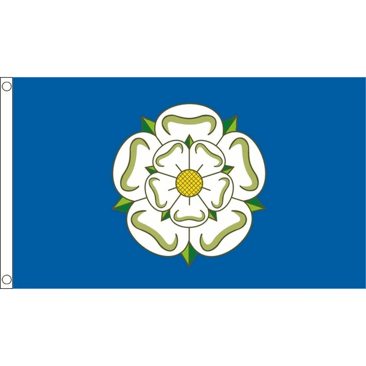 Yorkshire New flag with central white rose, yellow centre and green leaves on blue, 5ft x 3ft