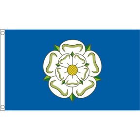 Yorkshire New flag with central white rose, yellow centre and green leaves on blue, 5ft x 3ft